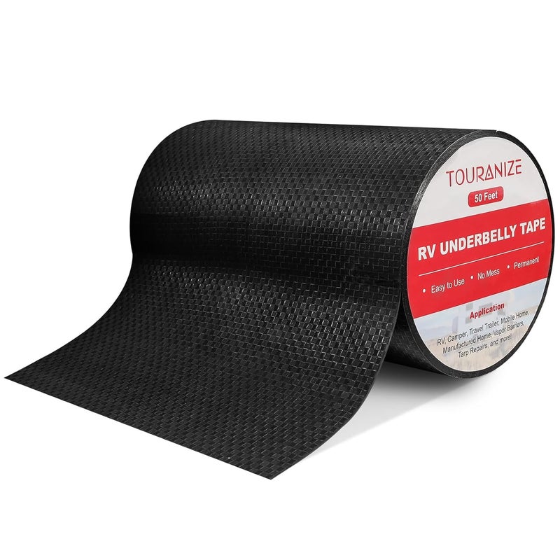 Touranize RV Underbelly Material RV Underbelly Tape, 8'' x 50' Waterproof Flex Belly Tape with Permanent Sealing Adhesive for Mobile Home, Camper Travel Trailer, Tear Repair Patch, Black - Image 1